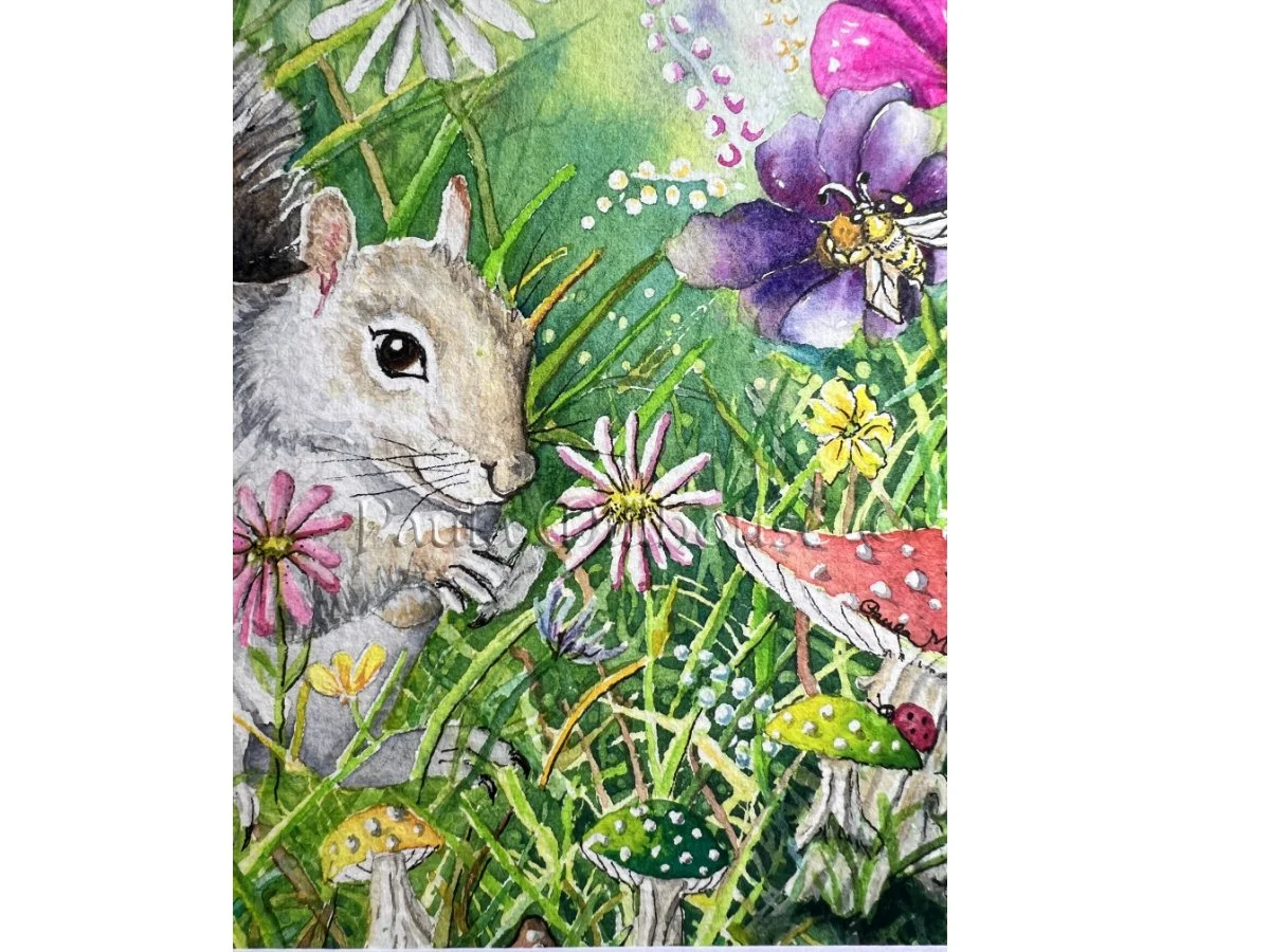 Squirrel sitting among bright wildflowers and mushrooms under a spring sky, whimsical wildlife watercolor painting by Paula Millhouse.