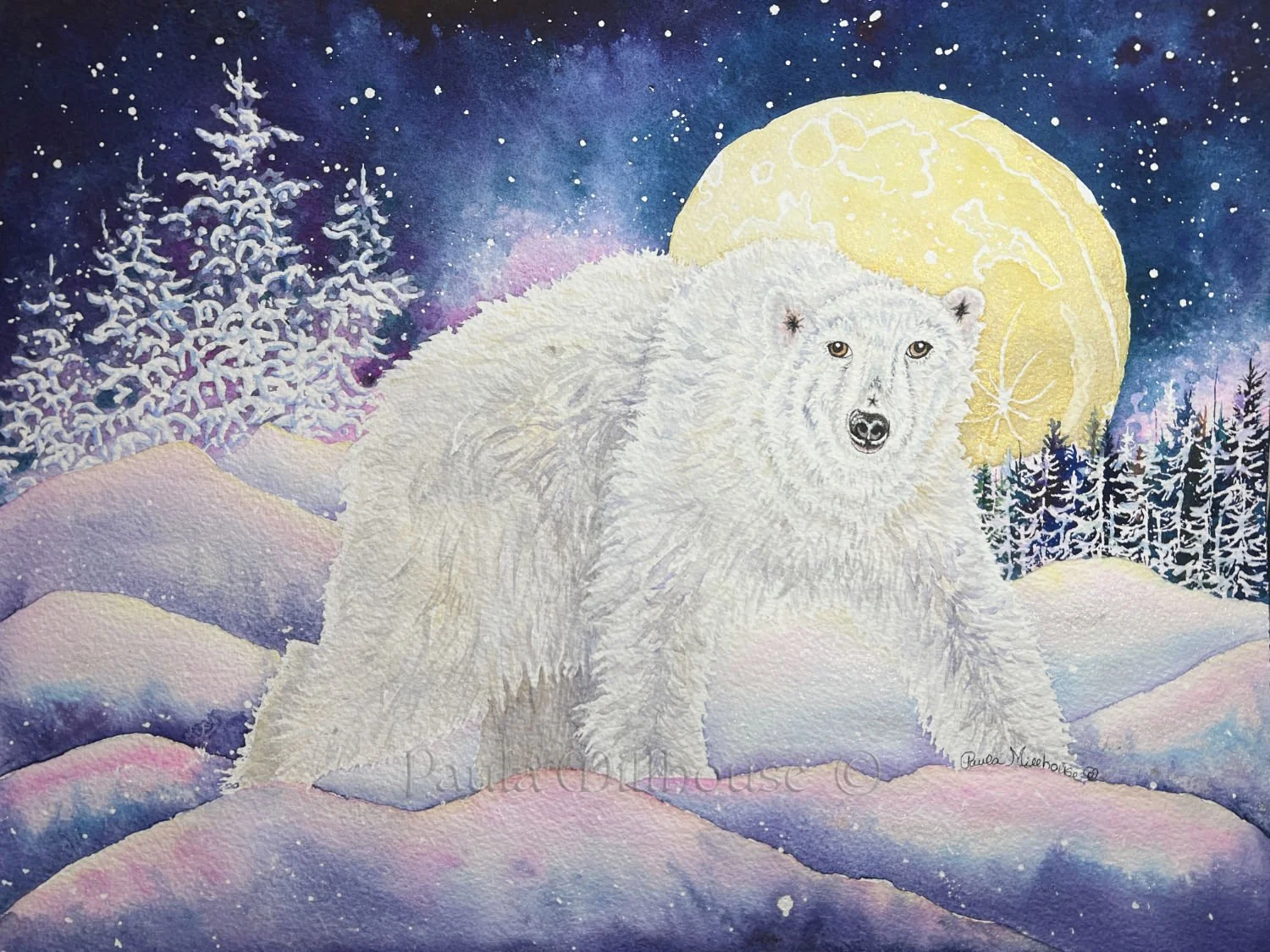 Original Watercolor painting of a polar bear under the full moon, northern lights, and starry sky. A snowscape.