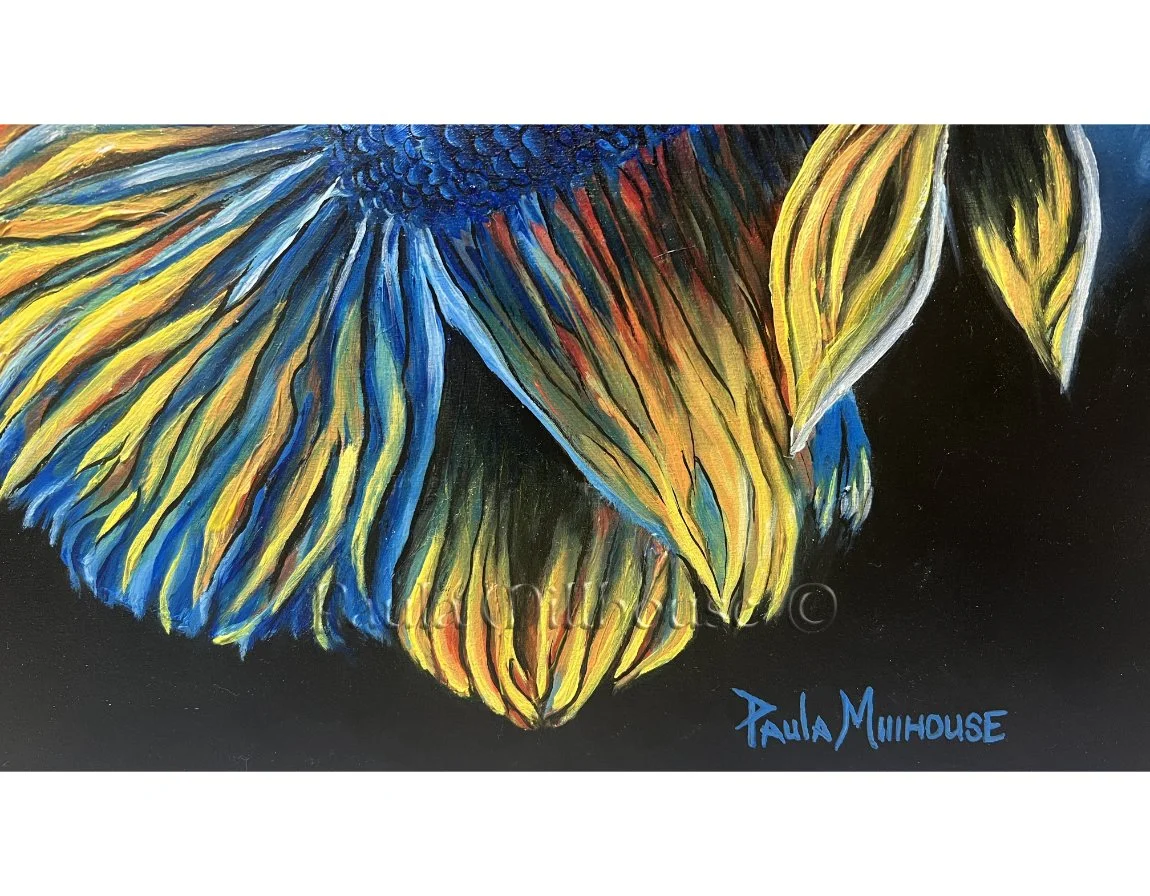 Original oil painting of a brilliant blue and gold Betta fish swimming through deep blue water, painted on 11x14 cradled wood panel by wildlife artist Paula Millhouse.