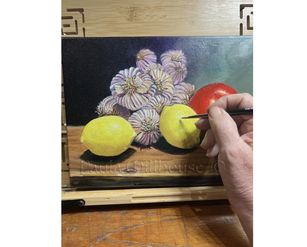 Garlic, lemons, and red tomato in a detailed colorful kitchen still life original oil painting by Paula Millhouse