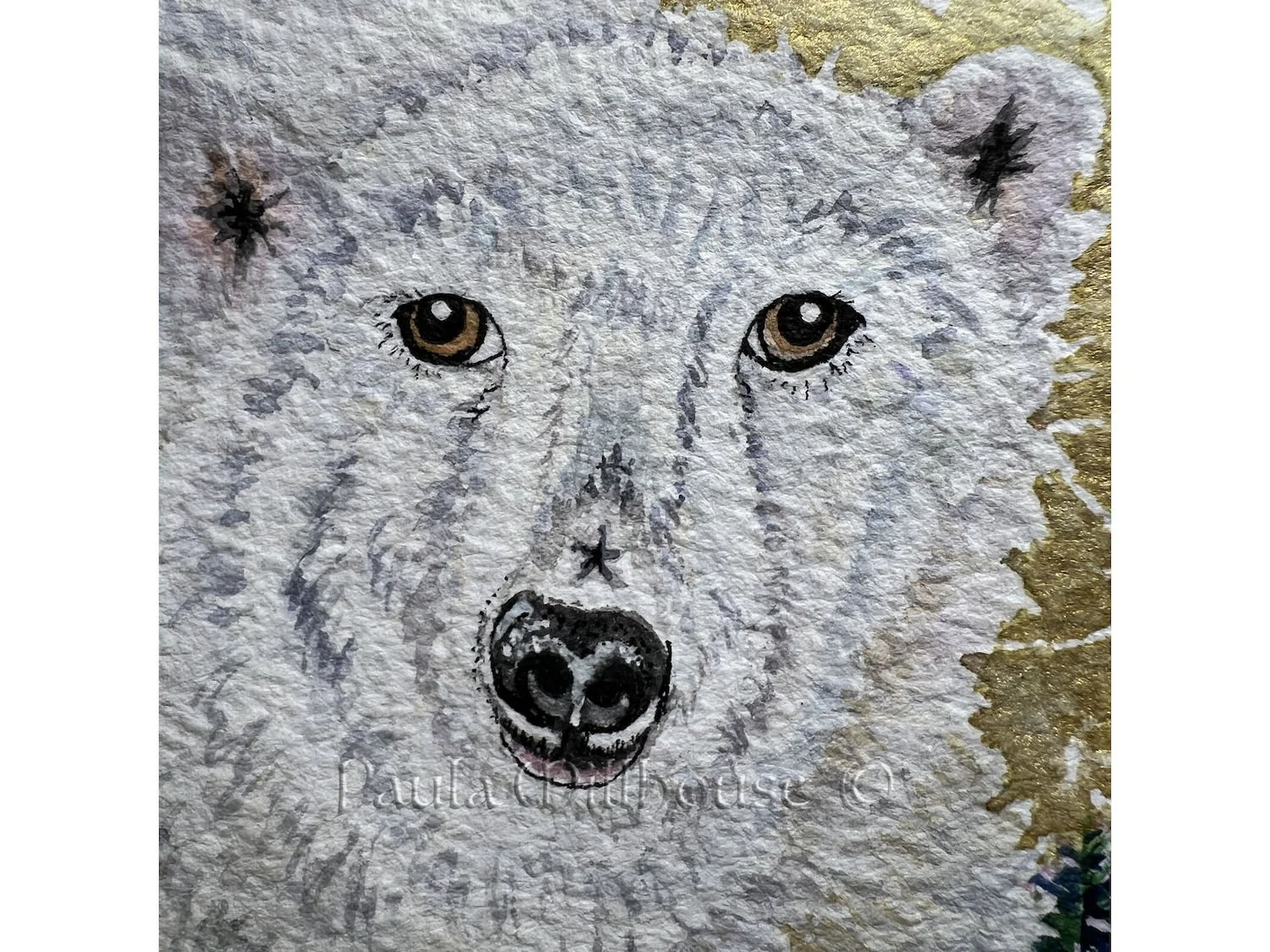 Original Watercolor painting of a polar bear under the full moon, northern lights, and starry sky. A snowscape.