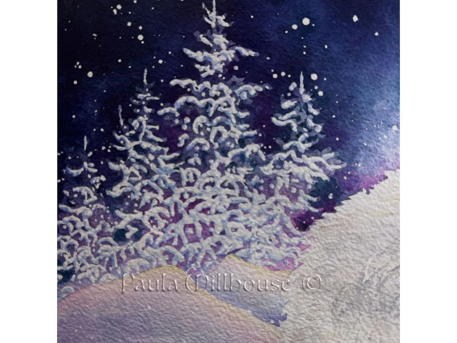 Original Watercolor painting of a polar bear under the full moon, northern lights, and starry sky. A snowscape.