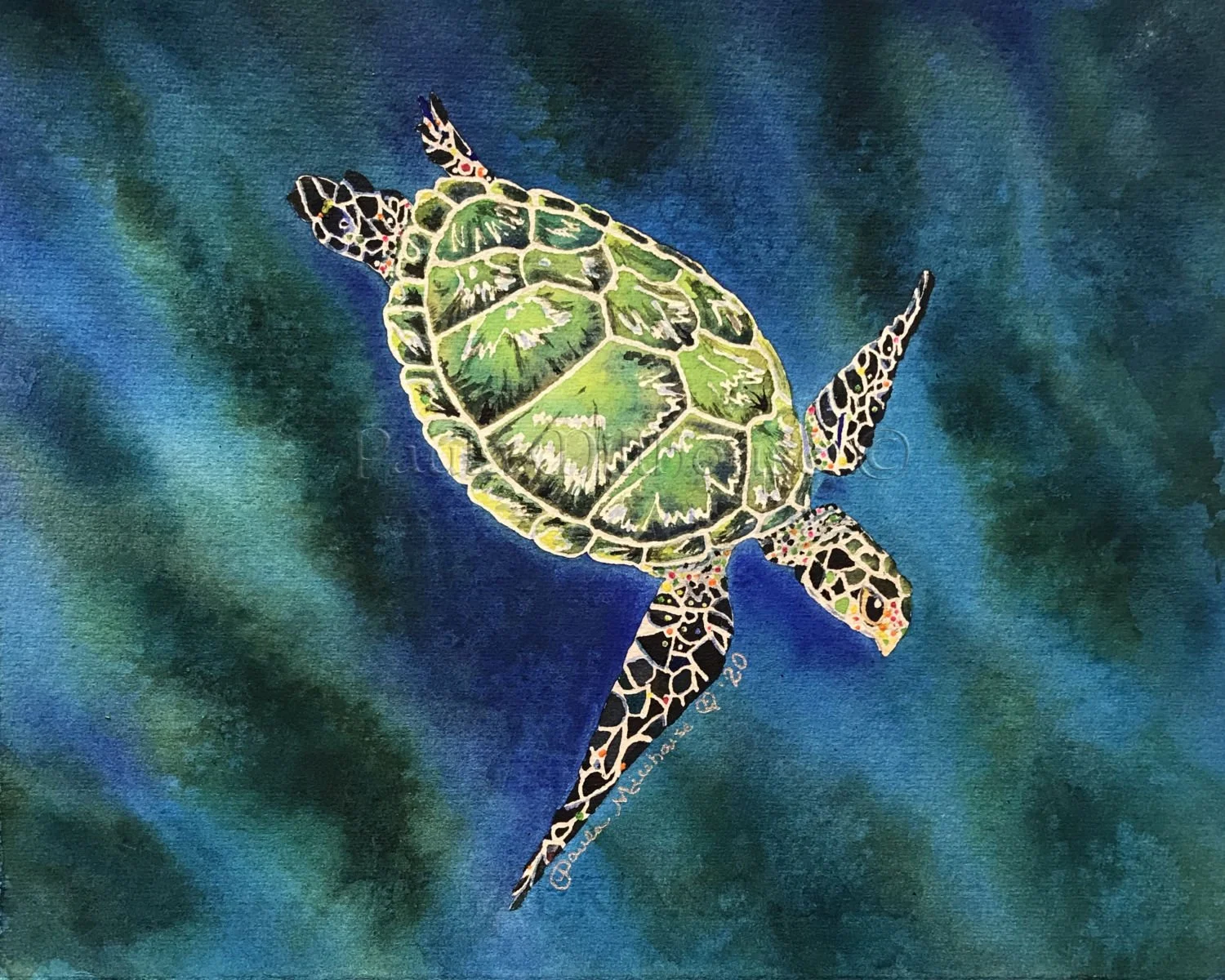 Colorful green sea turtle watercolor swimming through vibrant blue ocean water by Paula Millhouse Fine Art.