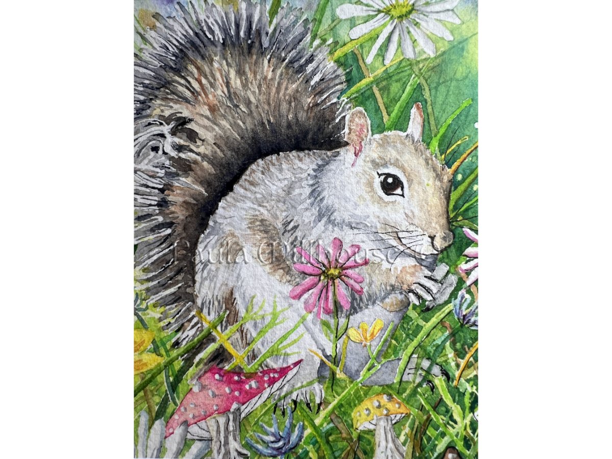 Squirrel sitting among bright wildflowers and mushrooms under a spring sky, whimsical wildlife watercolor painting by Paula Millhouse.