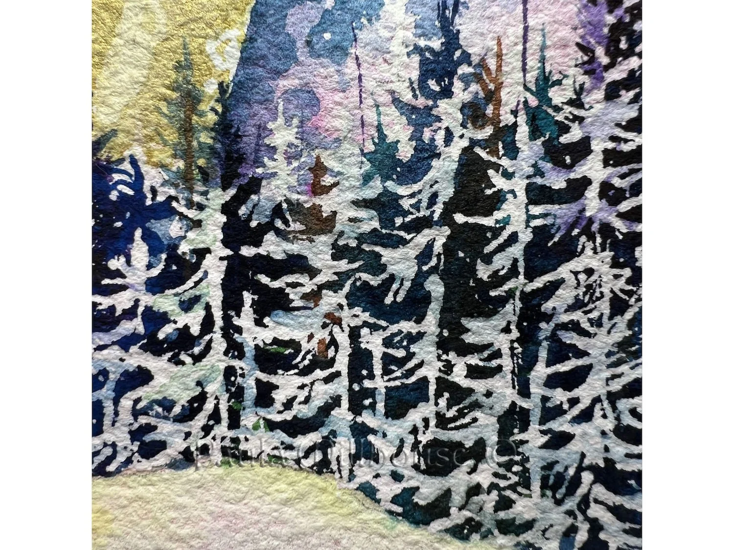 Original Watercolor painting of a polar bear under the full moon, northern lights, and starry sky. A snowscape.