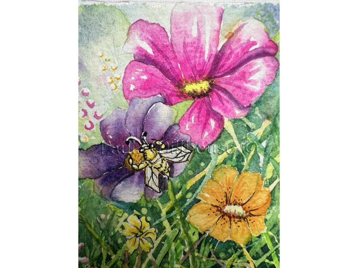 Squirrel sitting among bright wildflowers and mushrooms under a spring sky, whimsical wildlife watercolor painting by Paula Millhouse.