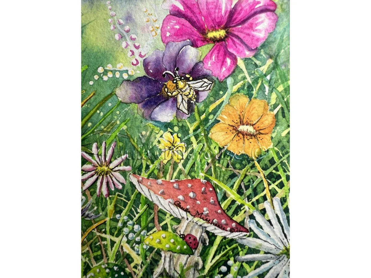 Squirrel sitting among bright wildflowers and mushrooms under a spring sky, whimsical wildlife watercolor painting by Paula Millhouse.