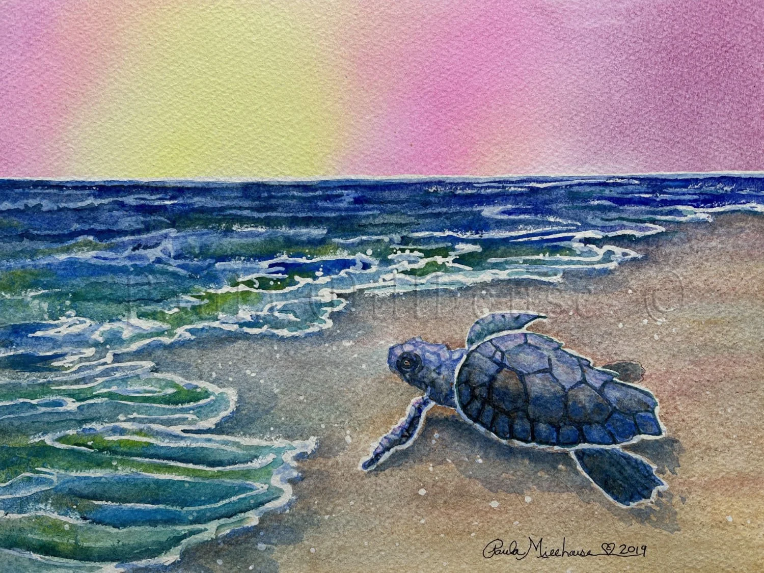 Watercolor painting of a baby sea turtle hatchling making its first journey toward the ocean beneath a colorful coastal sky by Paula Millhouse Fine Art.