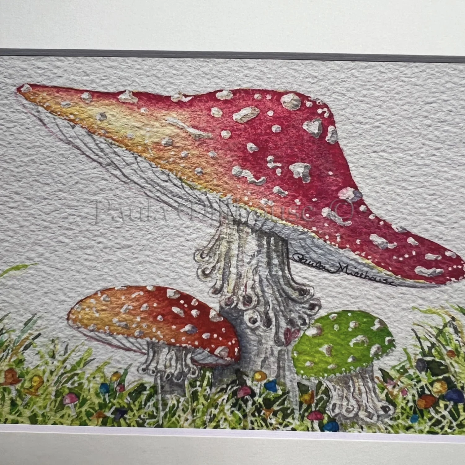 Whimsical woodland mushrooms growing on the forest floor with and grasses, watercolor painting by Paula Millhouse.