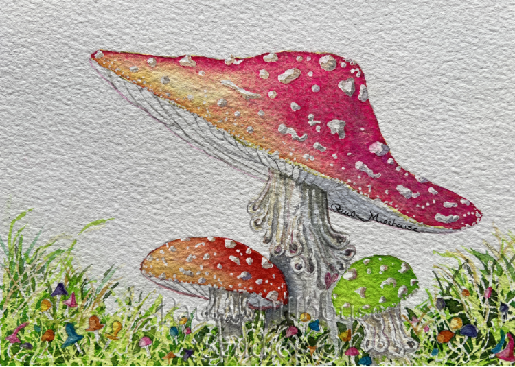 Whimsical woodland mushrooms growing on the forest floor with and grasses, watercolor painting by Paula Millhouse.