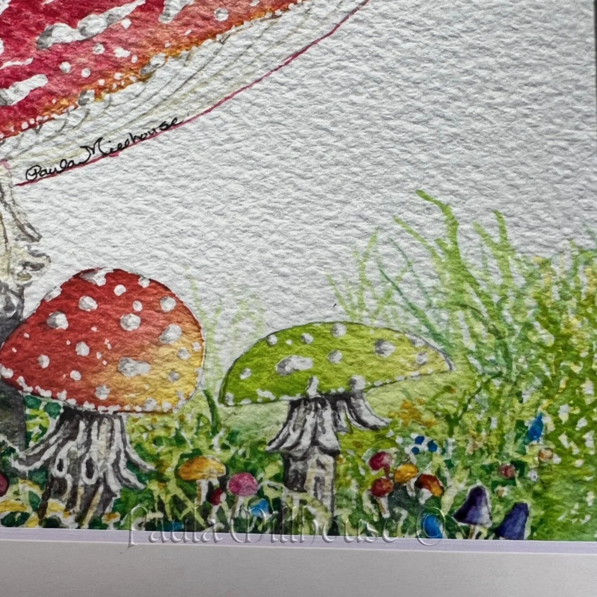 Three cheerful toadstool mushrooms celebrating in a woodland clearing, whimsical watercolor painting by Paula Millhouse.