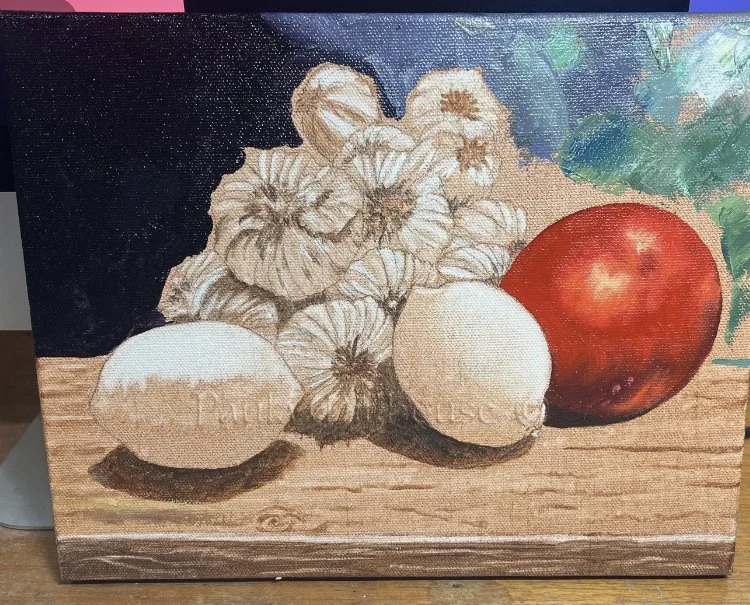 Garlic, lemons, and red tomato in a detailed colorful kitchen still life original oil painting by Paula Millhouse