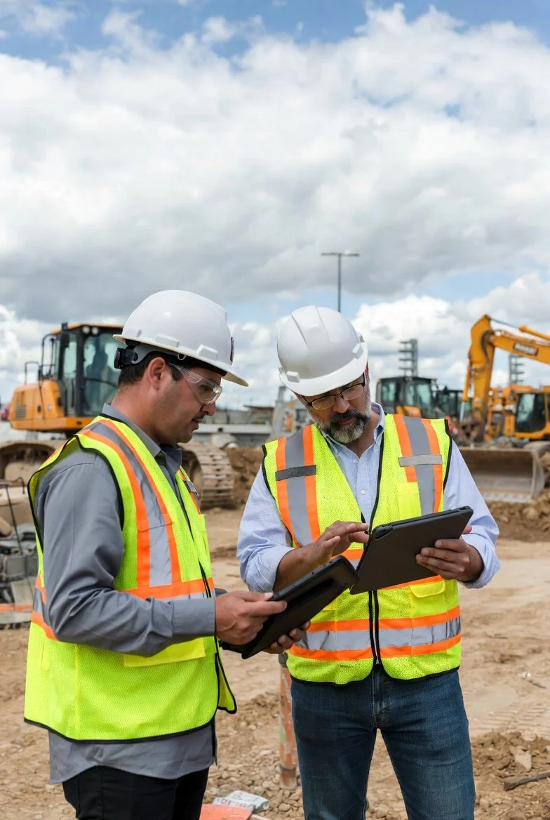 Two construction workers in yellow safety vests and white helmets standing at a construction site, reviewing plans on tablets.