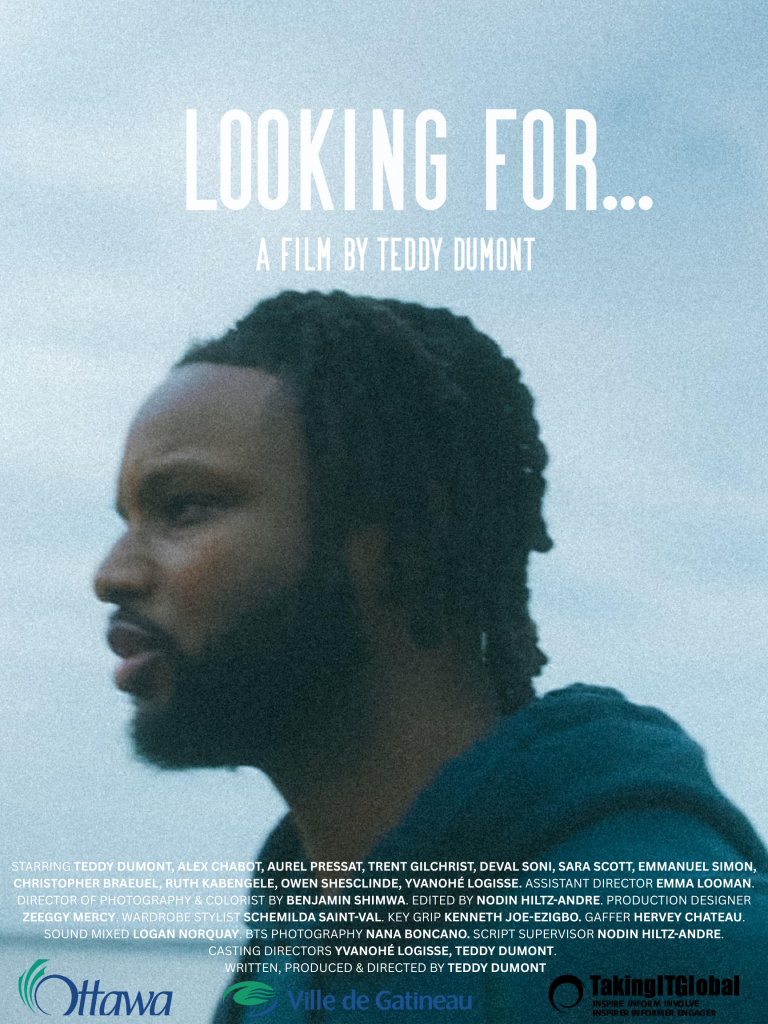 Film poster for “Looking For...” by Teddy Dumont, featuring a bearded man in profile against a blue sky.