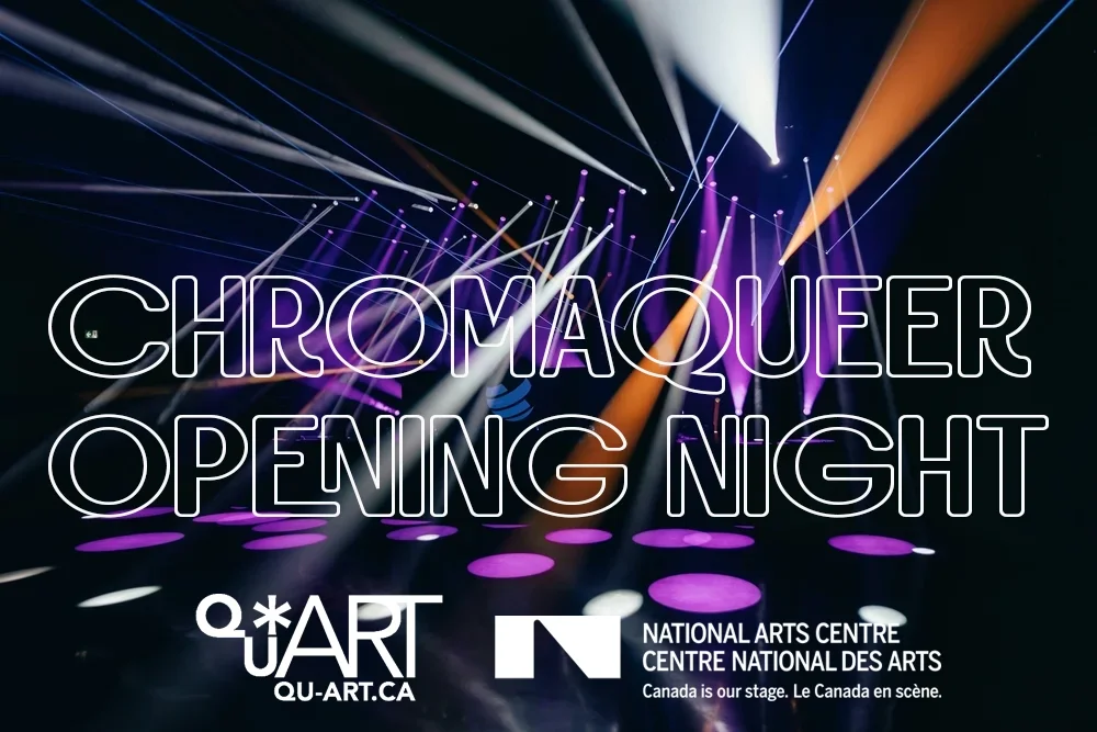 Empty theater auditorium with spotlights on stage, logo of the National Arts Centre, and a Q*ART website banner.