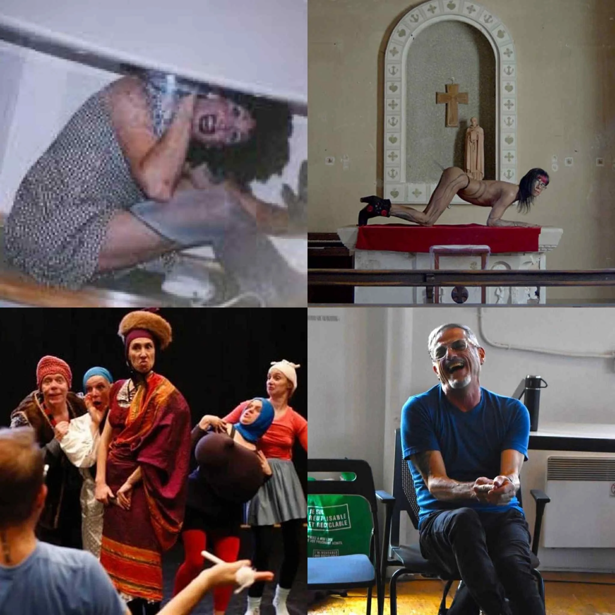 A collage of four photos: Top left shows a woman in a dress and glasses, crouched on the floor and touching her face; top right features a woman with dark hair, glasses, and minimal clothing, positioned on her hands and knees on a church altar; bottom left depicts a group of four women in colorful costumes performing on stage, some wearing headscarves; bottom right shows a man with gray hair, glasses, and a blue shirt, sitting on a chair and laughing.