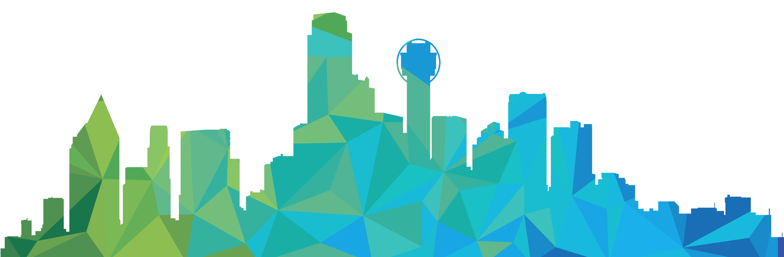Silhouette of a city skyline with tall buildings and a tower, depicted in colorful blue and green shades to announce the 2026 CCCU International Forum.