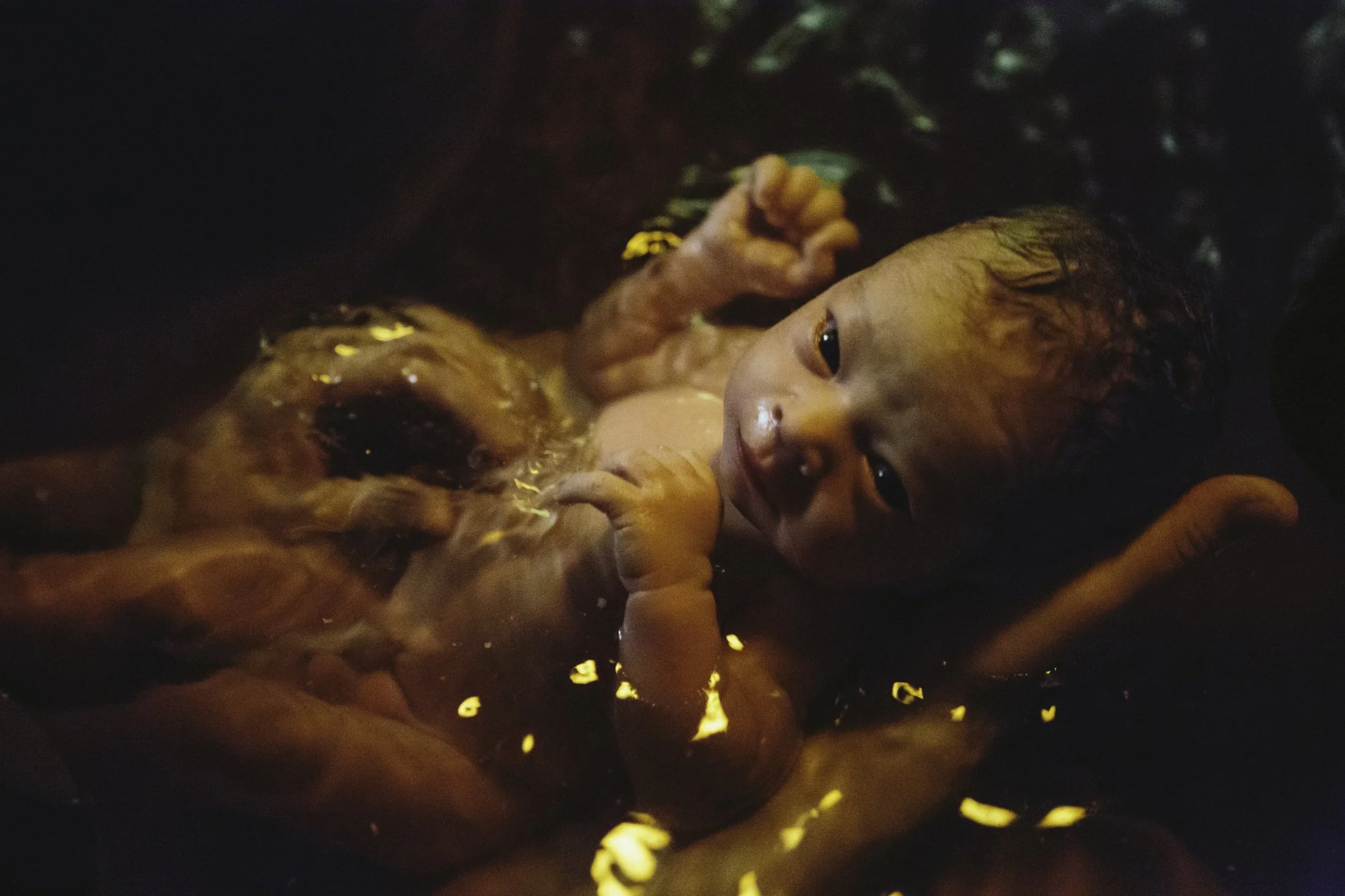 Baby with wet hair lying in water, looking at the camera, surrounded by ripples and reflections.