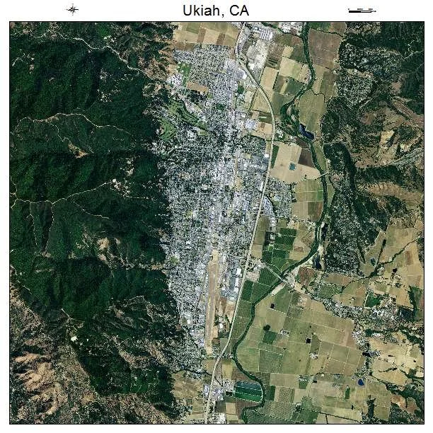 Aerial map of Ukiah, California showing city layout, roads, surrounding mountains, and agricultural fields.