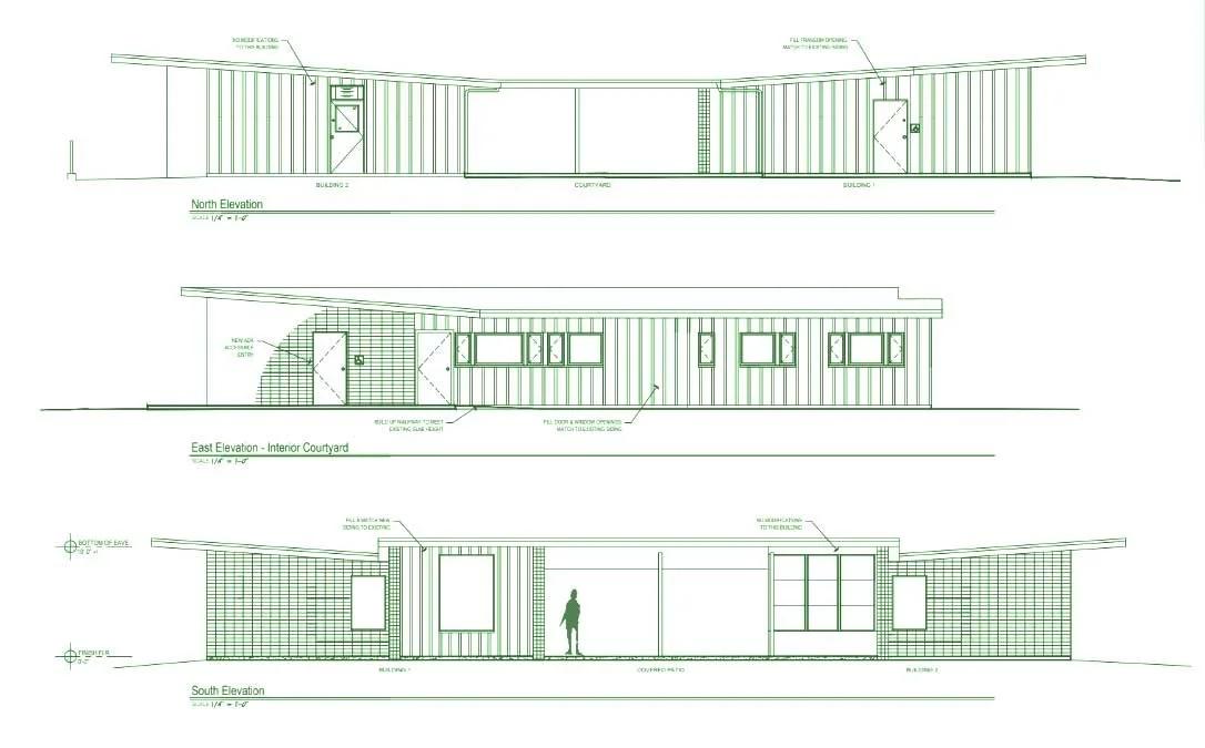 Architectural blueprint of a the new studio buildings showing north, east, and south elevations with detailed window and door placements, and a person silhouette for scale.