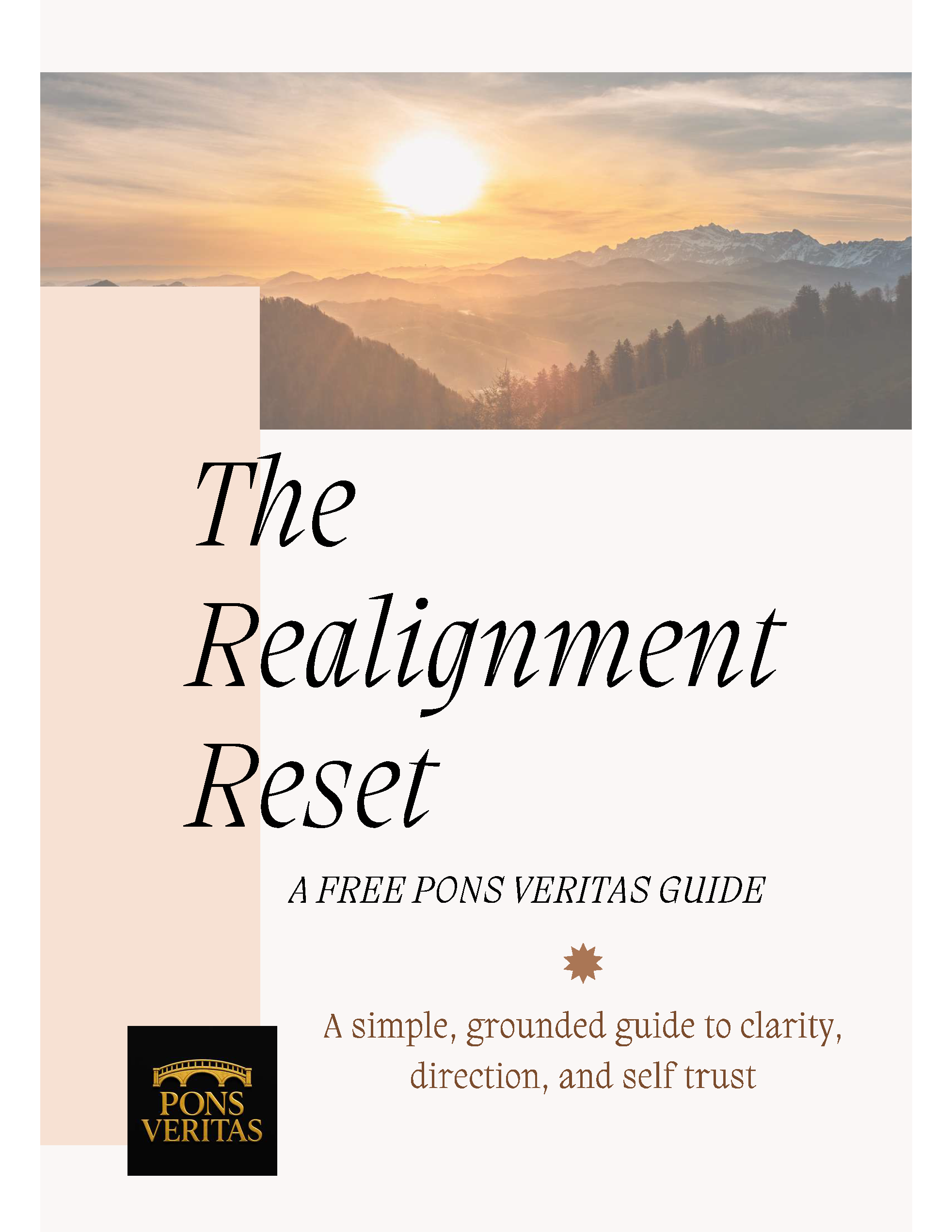 Cover page of a guide titled "The Reconnection Reset" with an image of a sunrise over mountains and trees at the top, and a logo of Pons Veritas at the bottom left.