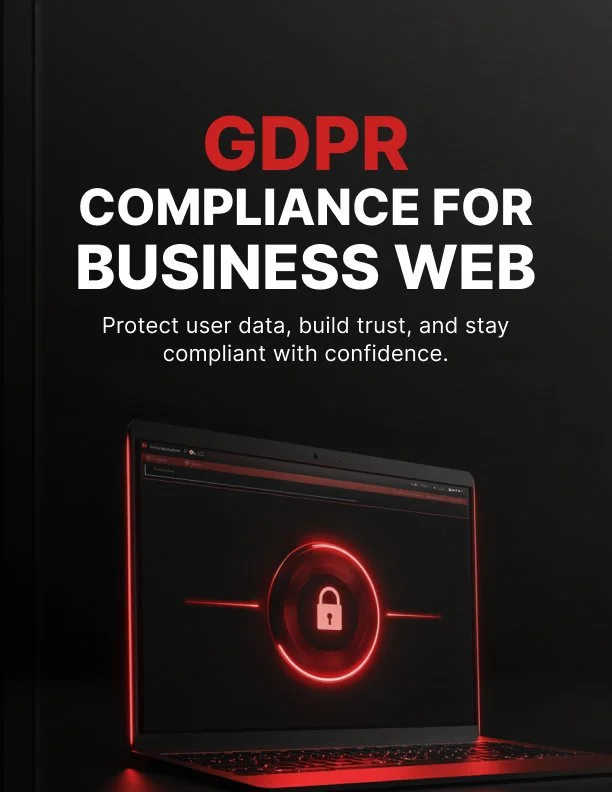 Promotional poster about GDPR compliance for business websites, featuring a laptop with a digital lock icon on its screen, emphasizing data protection and trust.
