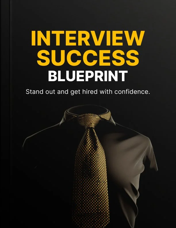 Cover image with the title 'Interview Success Blueprint' and subtitle 'Stand out and get hired with confidence.' Features a dark background with a mannequin wearing a dress shirt and tie.