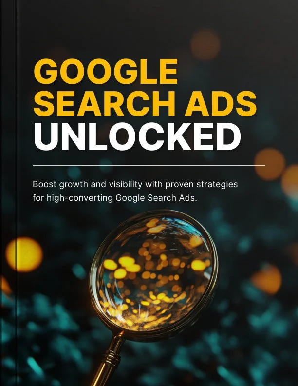 Cover image for a guide on unlocking Google Search Ads success, featuring a magnifying glass with reflections of golden lights.