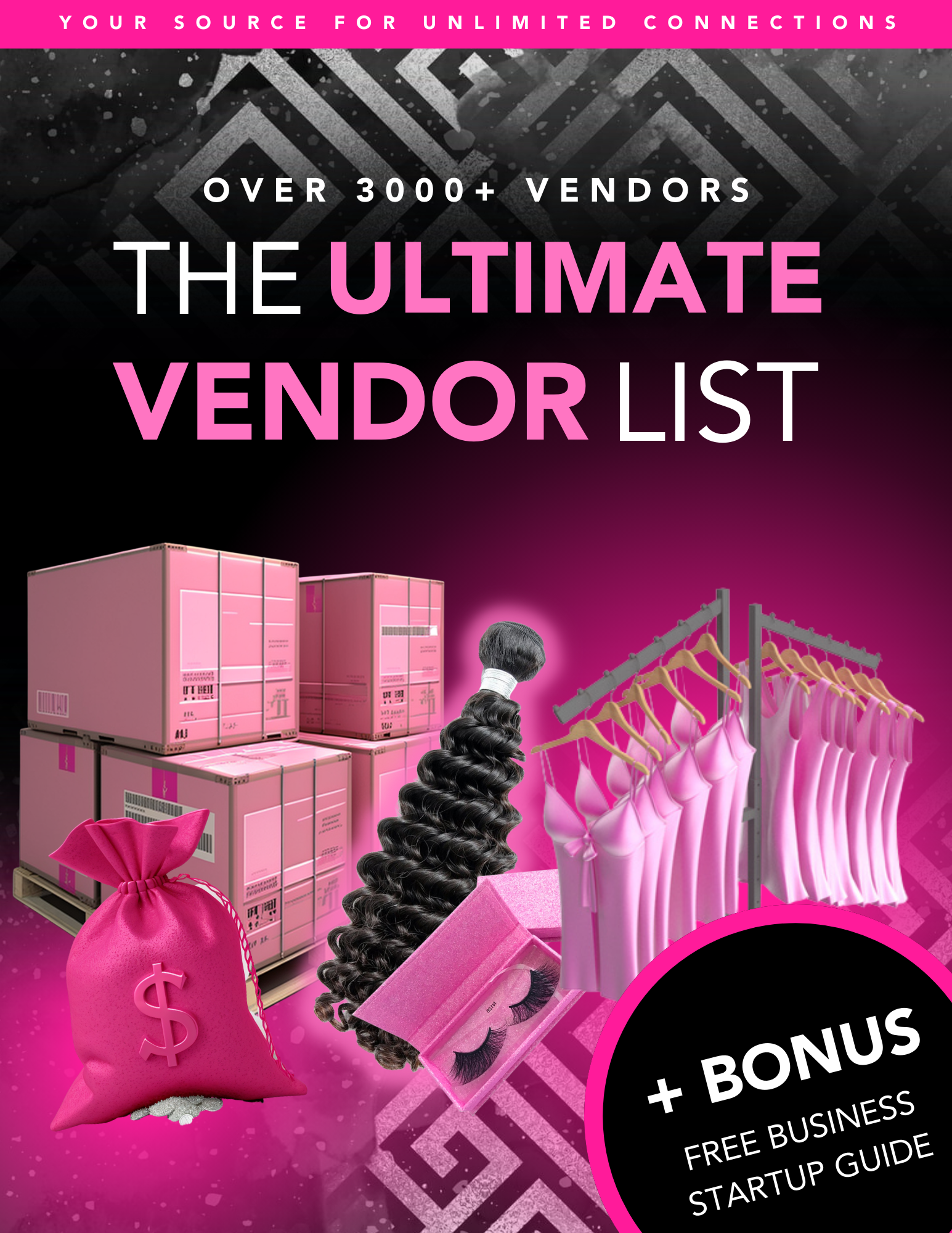 Cover of a vendor list guide featuring pink storage boxes, a pink money bag, a hair bundle, false eyelashes, and pink dresses on hangers, with a black circular badge promoting a free business startup guide.