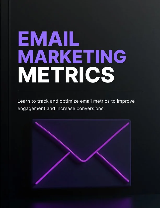A black background with purple and white text that reads 'Email Marketing Metrics'. Below, smaller white text says, 'Learn to track and optimize email metrics to improve engagement and increase conversions.' The image also features a neon purple outl