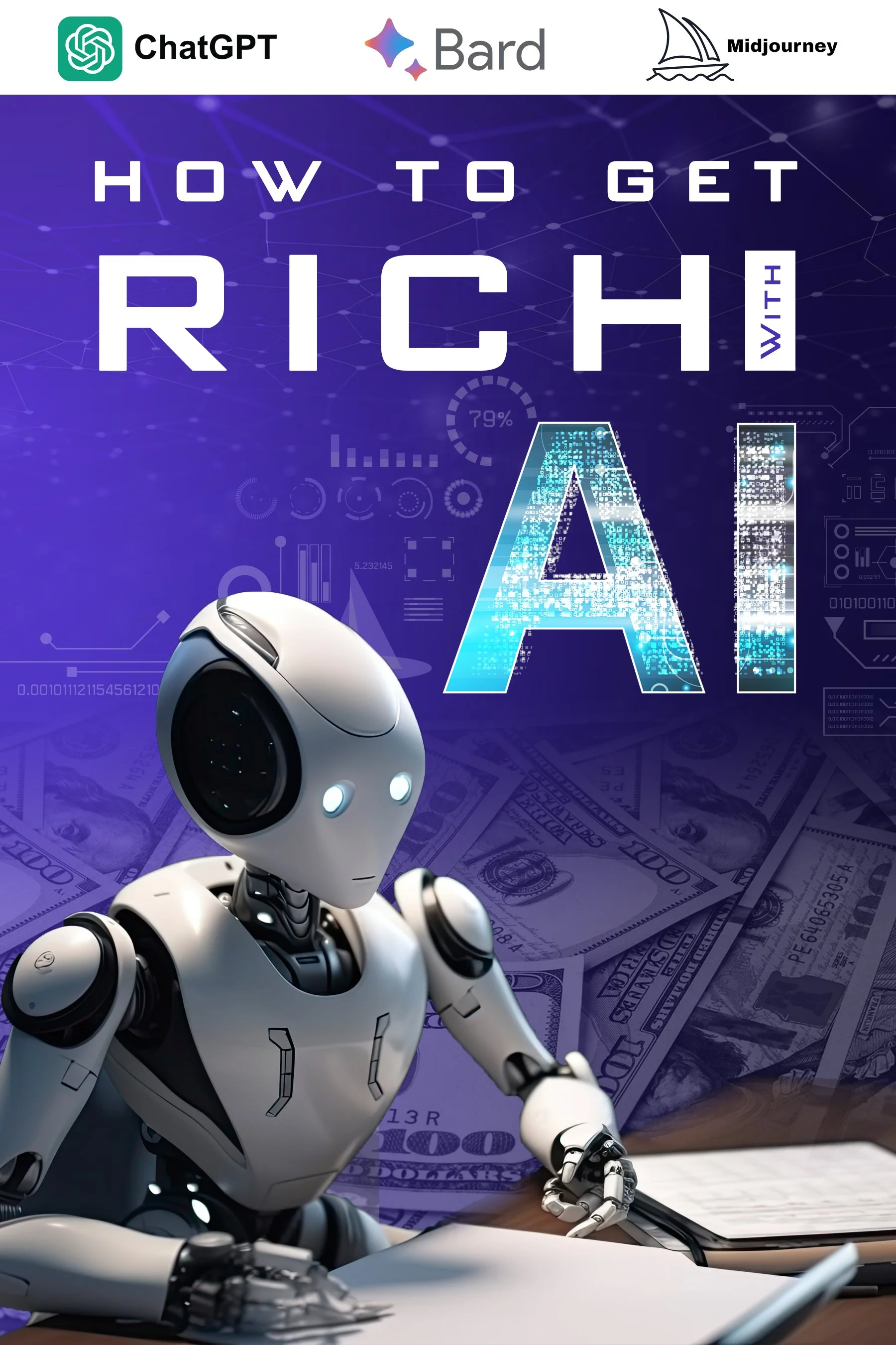 Book cover titled "How to Get Rich with AI" featuring logos of ChatGPT, Bard, and Midjourney at the top, a humanoid robot sitting at a desk with a notepad, digital graphs, and a background of US dollar bills.