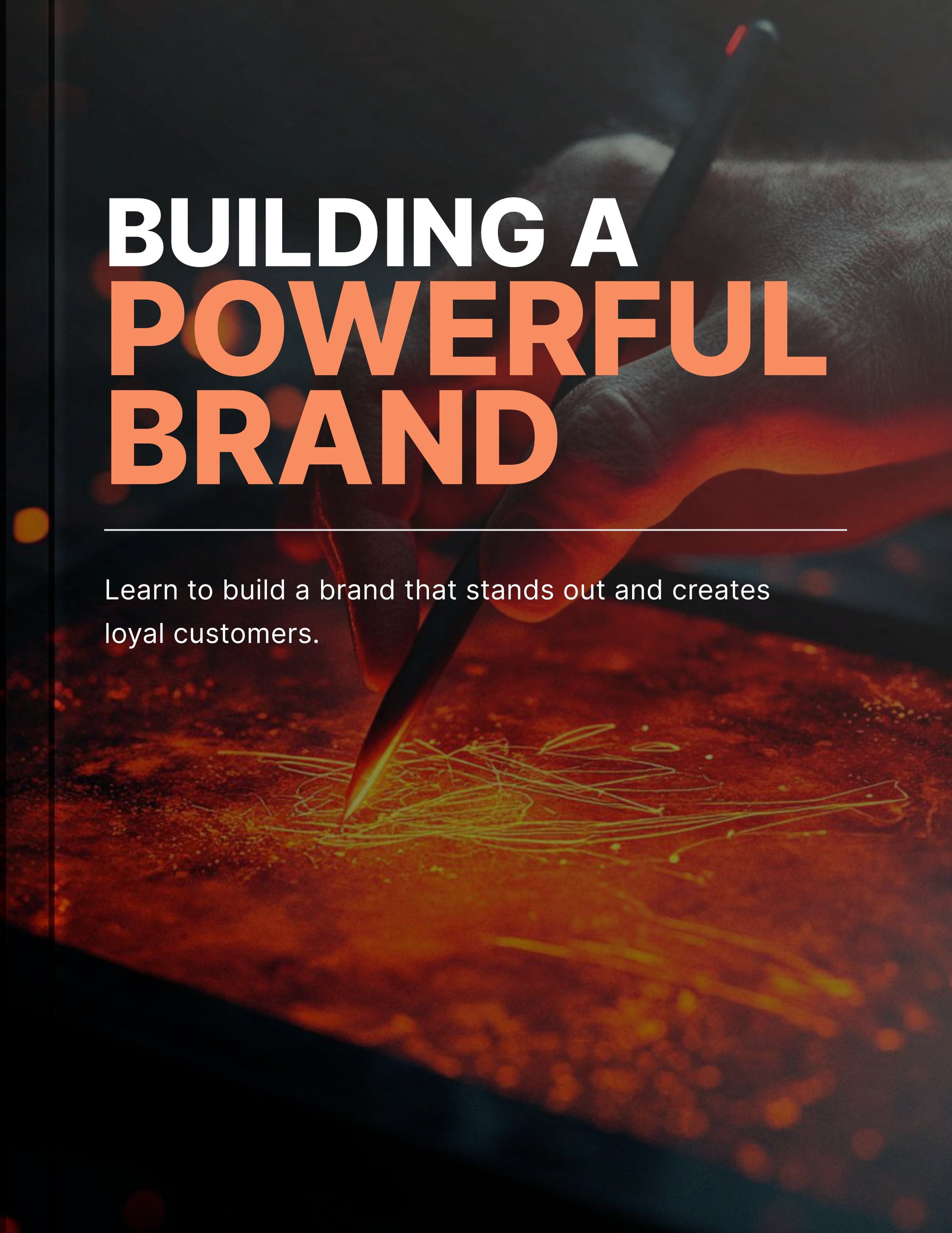 Book cover titled 'Building a Powerful Brand' with a background image of a hand drawing on a digital tablet.