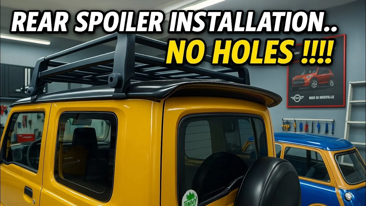Close-up of a yellow miniature vehicle with a black roof rack, parked indoors with tools and posters in the background, featuring text 'REAR SPOILER INSTALLATION.. NO HOLES !!!!'