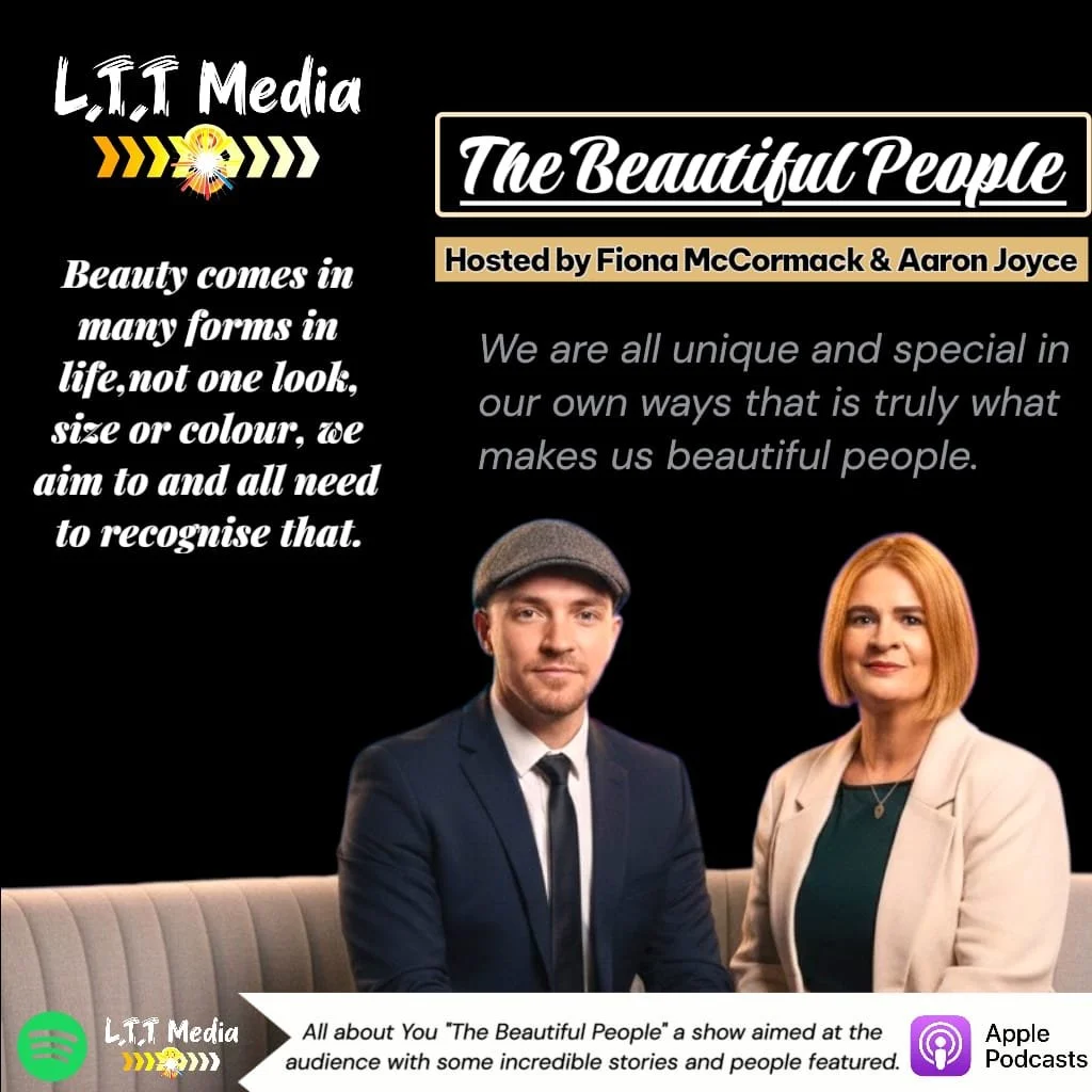 Promotional graphic for 'The Beautiful People,' a podcast hosted by Fiona McCormack and Aaron Joyce, featuring a man and a woman sitting on a couch. The graphic contains text about beauty being diverse, and logos for Spotify and Apple Podcasts.