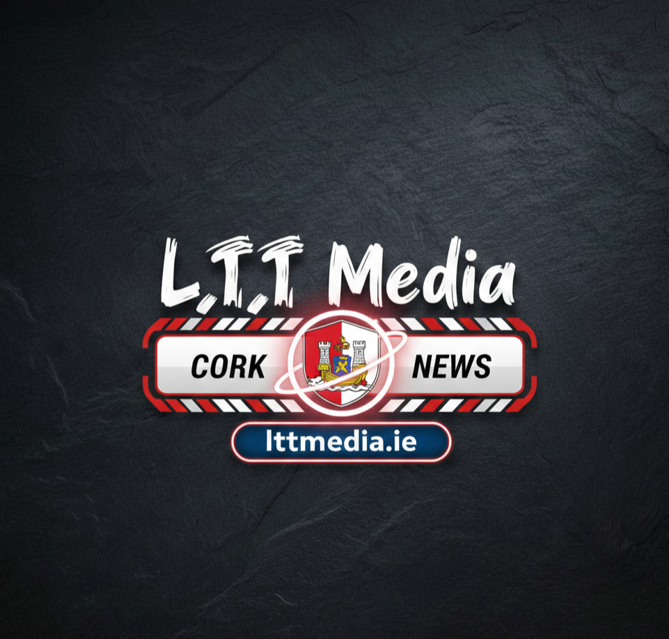 Logo for L.T.T Media Cork News featuring a crest with a castle, a lion, and a ship, with the text 'L.T.T Media', 'CORK', 'NEWS', and the website 'lttmedia.ie' on a dark background.