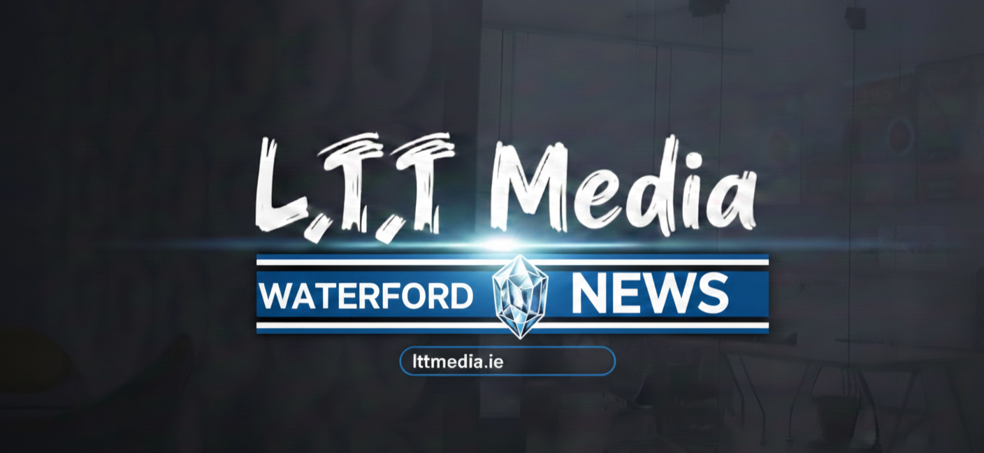 LTT Media Waterford News logo on a screen with a dark background
