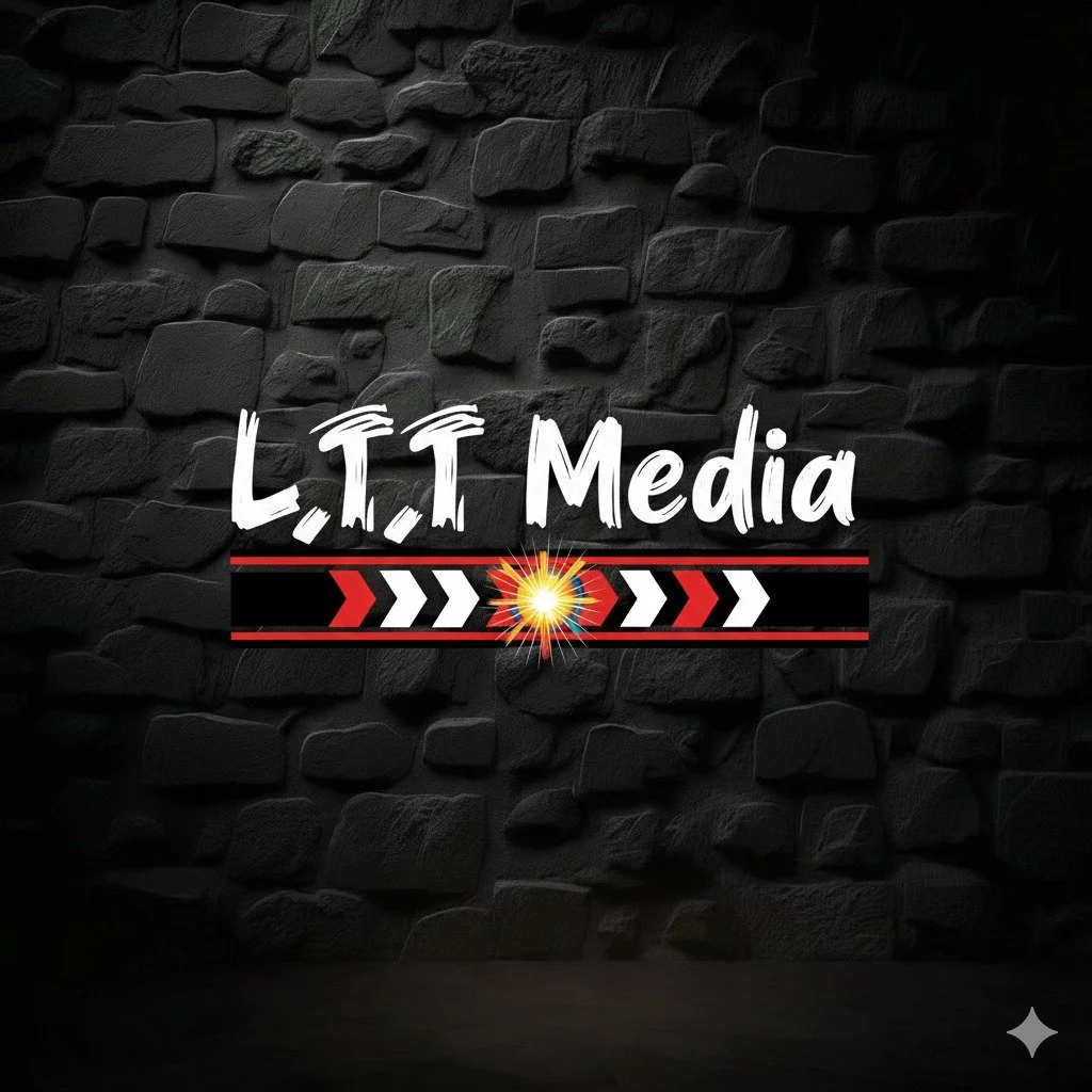 A black brick wall with the text 'L.I.T Media' written in white, and a graphic strip below with red arrow-like shapes and a bright yellow explosion in the center.