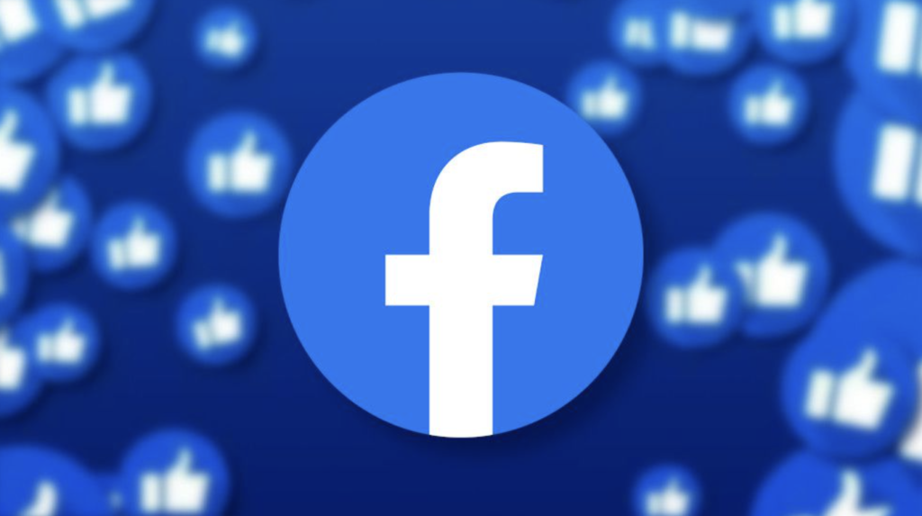 Facebook logo with numerous smaller thumbs-up icons in the background.