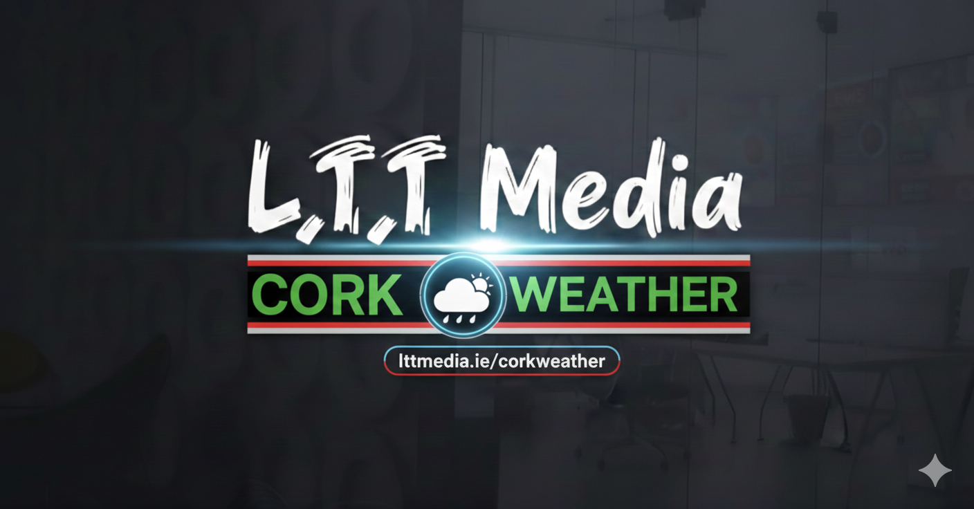 CorkWeather logo for Lett Media, featuring a cloud with rain and a sun, with the website link lttmedia.ie/corkweather.