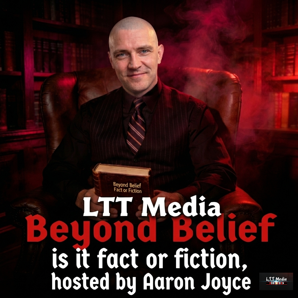 A man sitting in a leather armchair holding a book titled 'Beyond Belief: Fact or Fiction' in a dimly lit library or study with bookshelves in the background, with red lighting and smoke effects.
