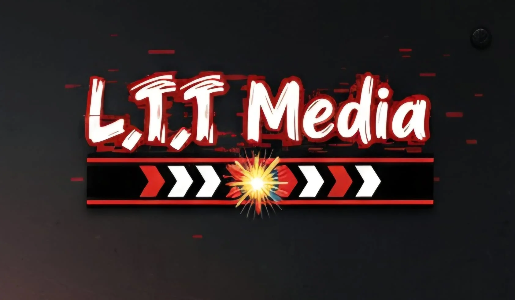 Neon sign that says 'LIT Media' with an arrow and explosion graphic on a black background.