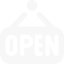 A sign with a black hanging sign reading 'OPEN' on a white background.