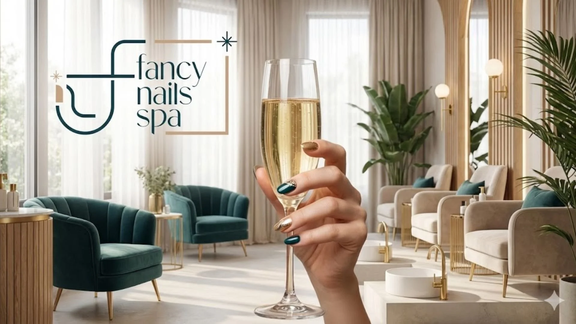 A close-up of a hand with elegant dark teal and gold nail art holding a champagne flute in a luxurious spa setting with velvet chairs and marble tables, featuring the 'fancy nails spa' logo in the top left.