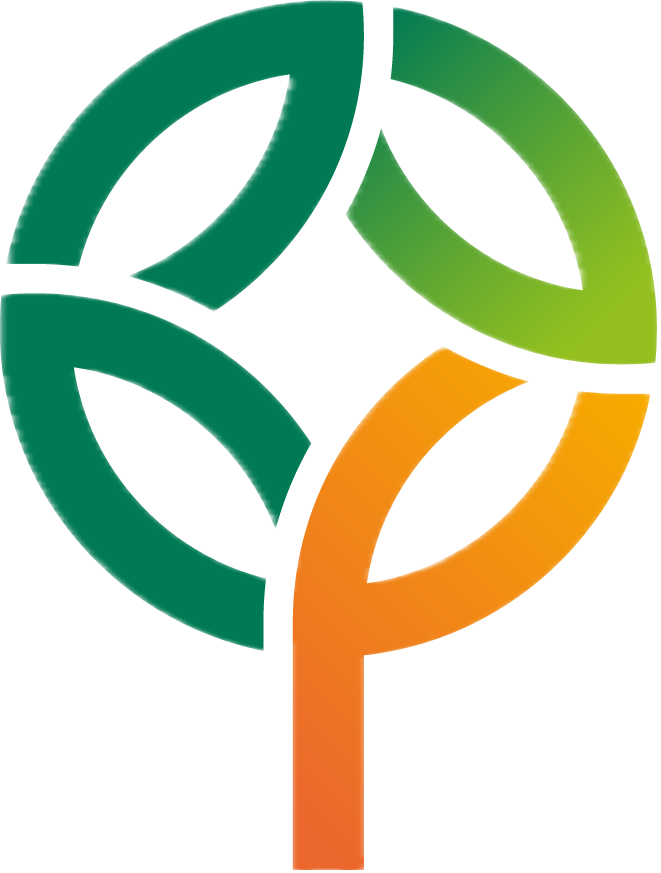 Logo con forma de círculo dividido en tres partes: verde en la parte superior, amarilla en la parte inferior y naranja en la parte inferior derecha.