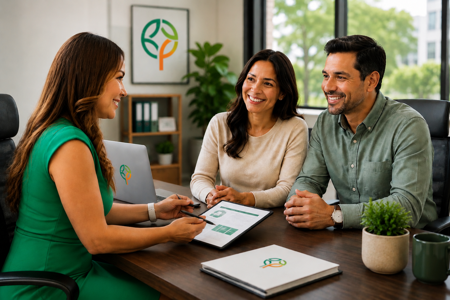 Tres personas en una sala de reuniones conversando, una mujer con vestido verde muestra un documento digital a una pareja. La sala tiene una ventana grande, plantas y un cartel en la pared con un logo de un árbol estilizado.