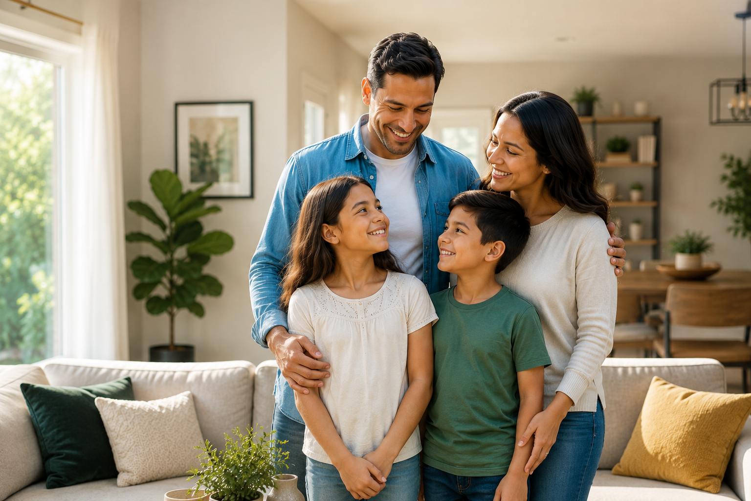 Familia abrazándose y sonriendo en sala de su casa, con plantas y muebles de madera en el fondo.