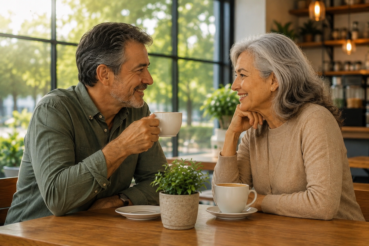 Un hombre y una mujer mayores sonriendo y conversando en una cafetería, con tazas de café sobre la mesa y un ambiente acogedor con plantas y luz natural.