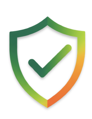 Escudo con marca de verificación en el centro, en un degradado de verde a naranja.
