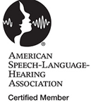 Logo of the American Speech-Language-Hearing Association featuring a profile of a person's face, sound waves, and the organization's name