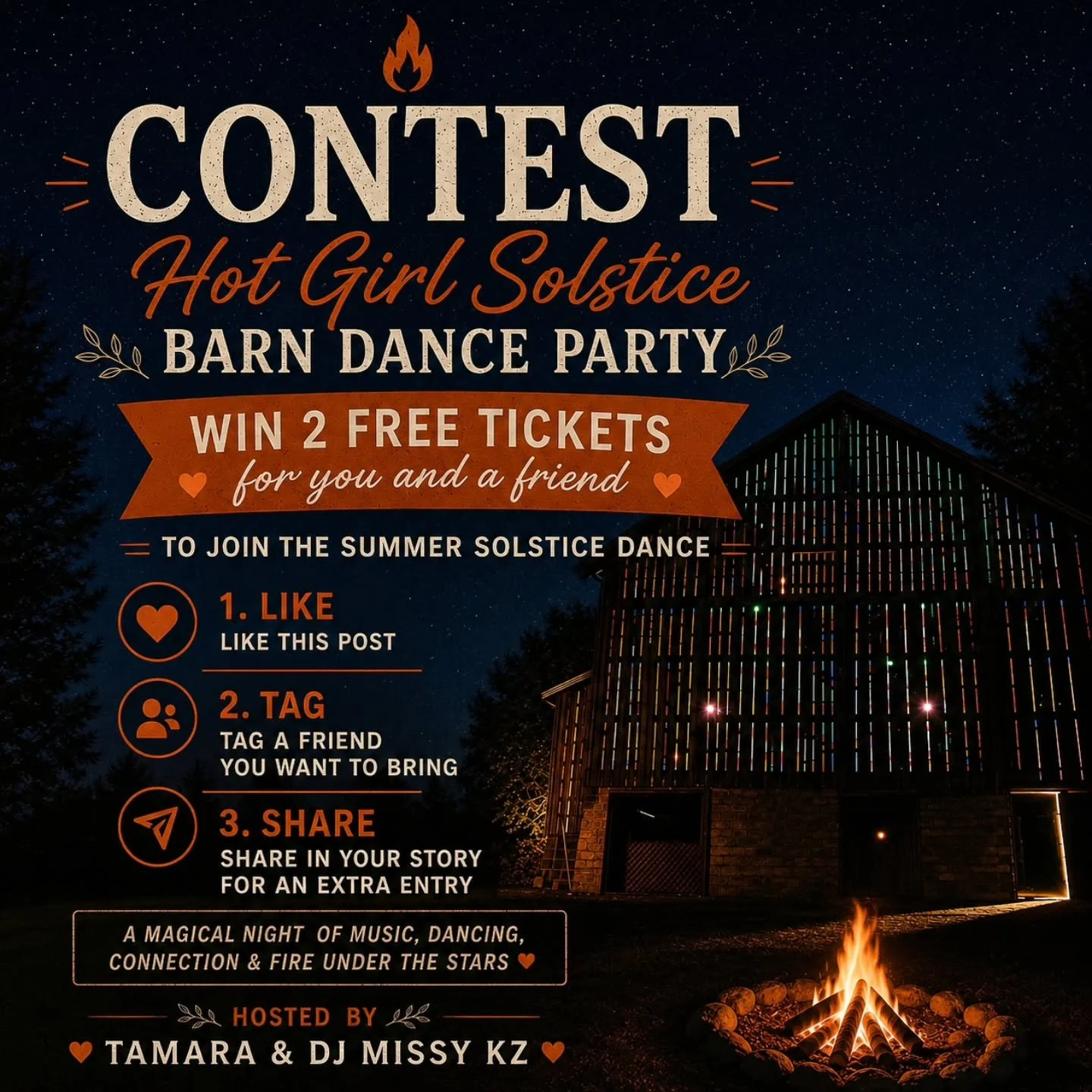 ✨ GIVEAWAY TIME ✨

Want to experience the magic of our Hot Girl Solstice Barn Dance for FREE? 🌙🔥

We're giving away 2 tickets for you and your favourite dance partner!

To enter:
❤️ Like this post
👯 Tag a friend you'd bring in the comments
📲 Shar